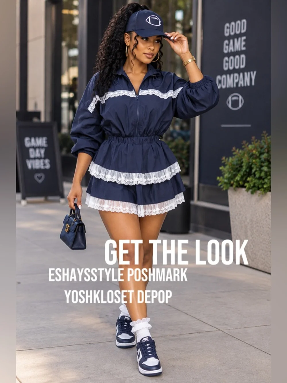 Navy Blue Tiered Lace Trim Skirt Set